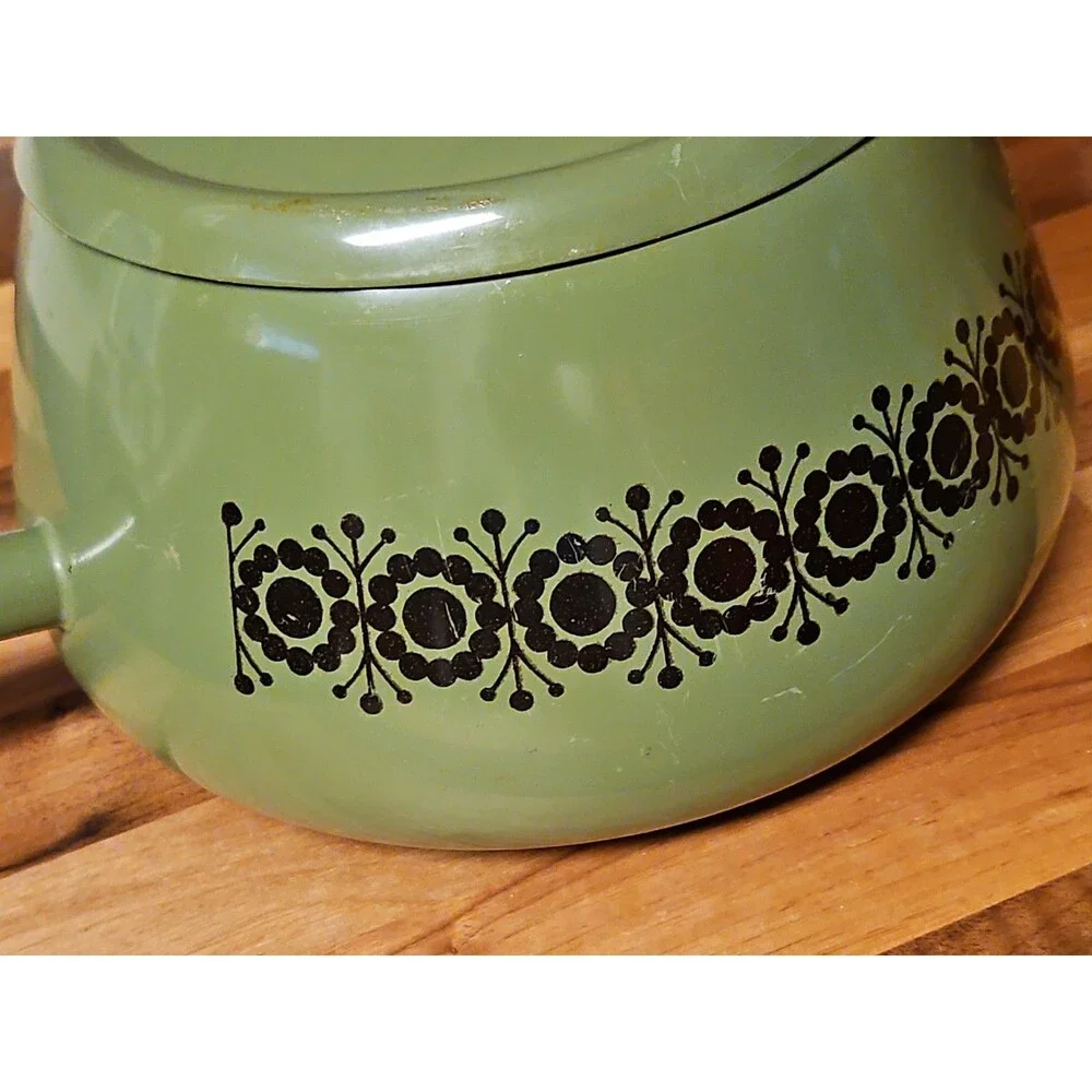 Vintage Green Enamel Fondue Pot Saucepan Floral MCM Boho Wood Handle 1970s